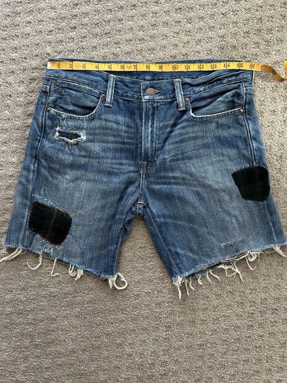Polo by Ralph Lauren Blue Distressed Denim Shorts with Plaid Patches size 27